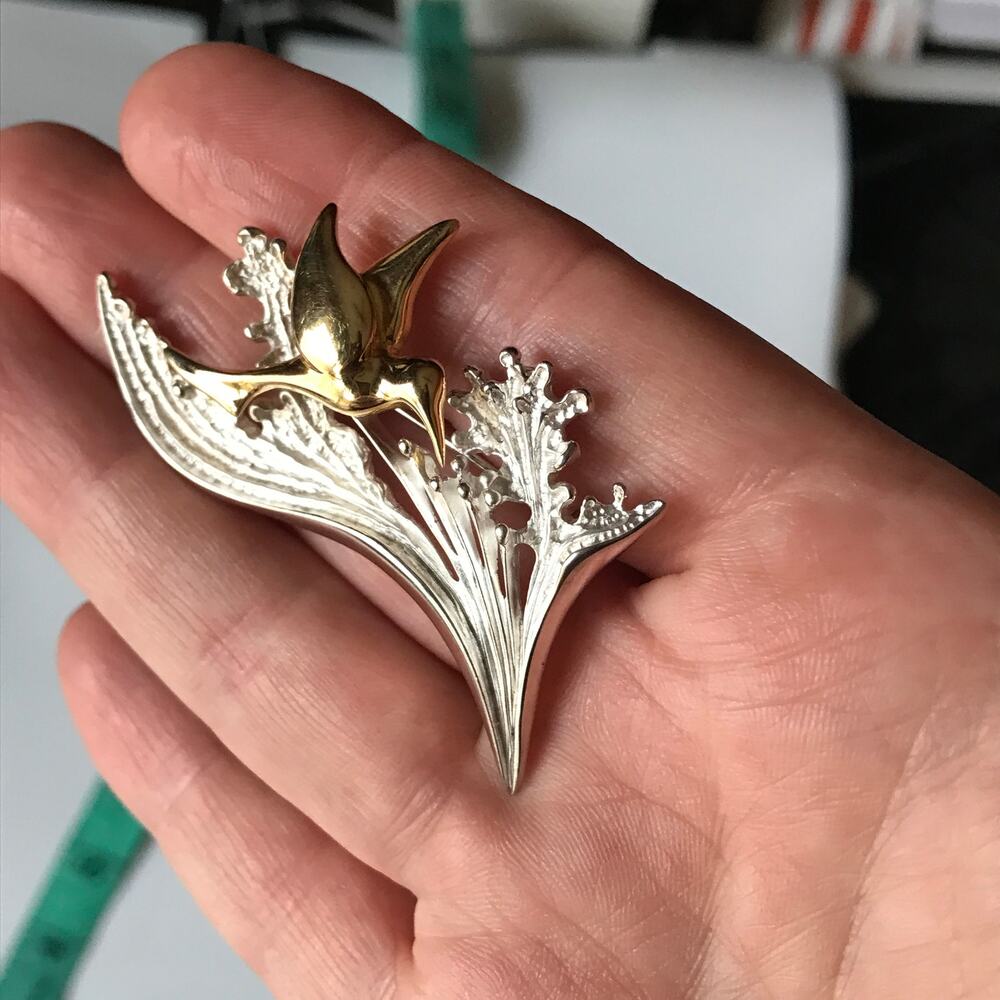 Brutalist Modernist Sterling/Gold Wash Hummingbird 925 FB brooch/pin 2"x2.5" - Picture 8 of 8
